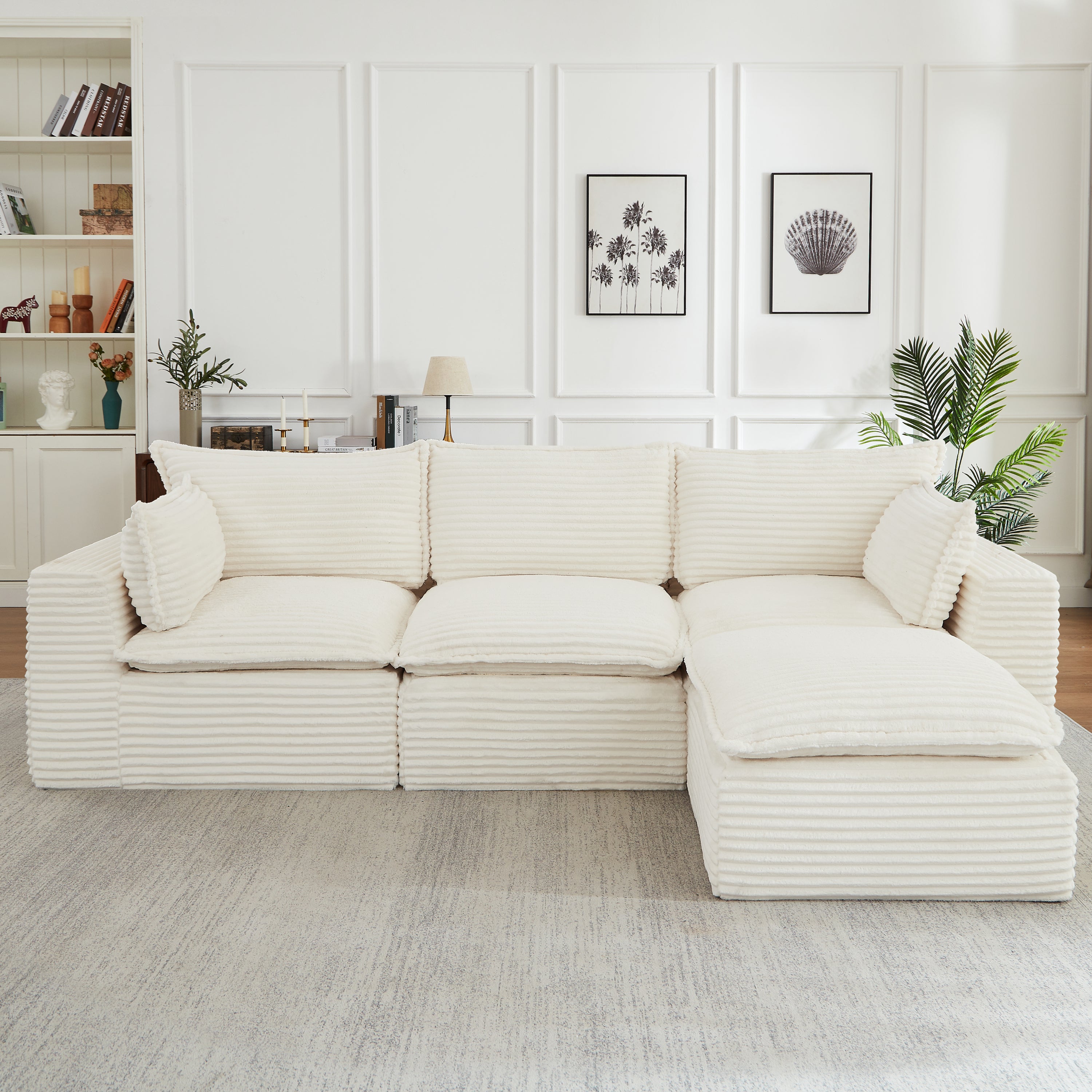 Cloud 4-Seater White Corduroy Sectional Sofa with Ottoman