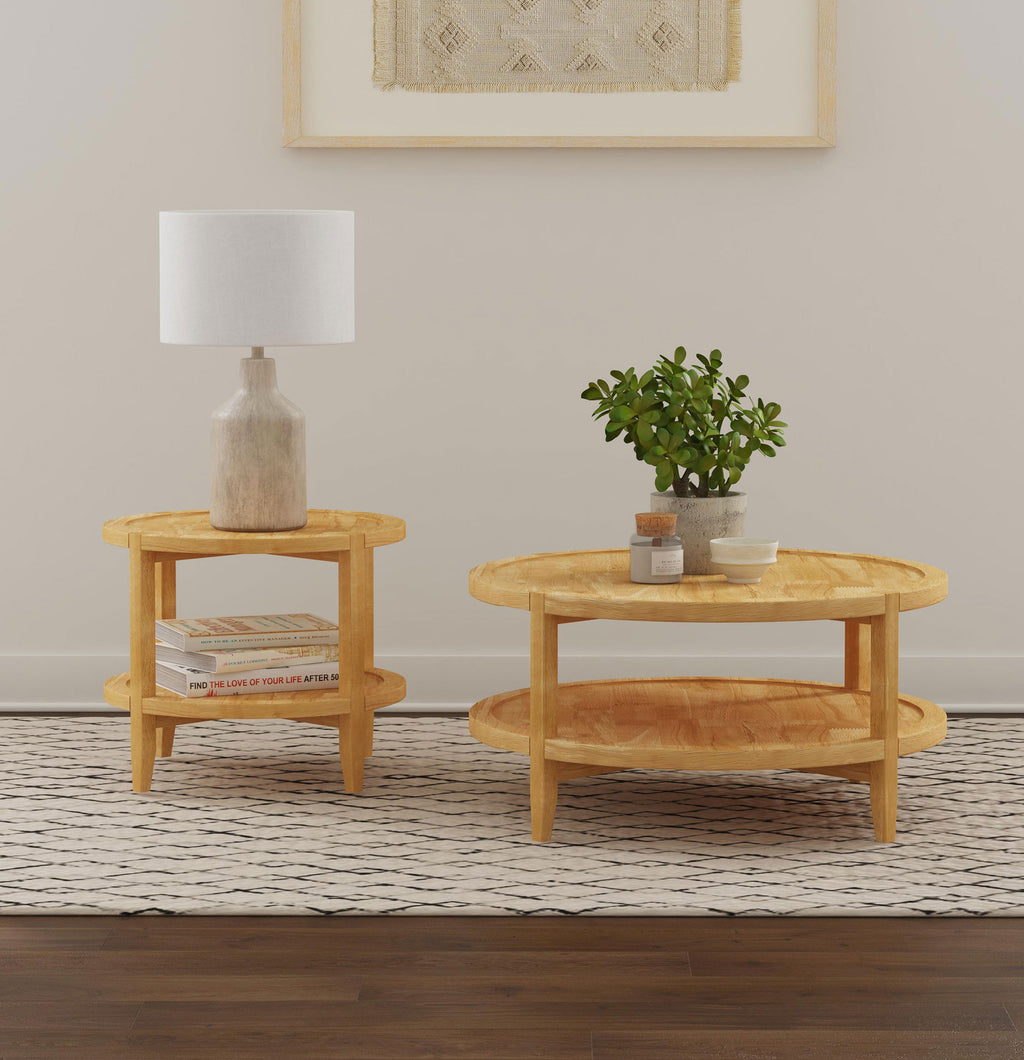 Round Wooden Coffee Table with Bottom Shelf in Maple Brown shown next to matching side table in a cozy living room setup.