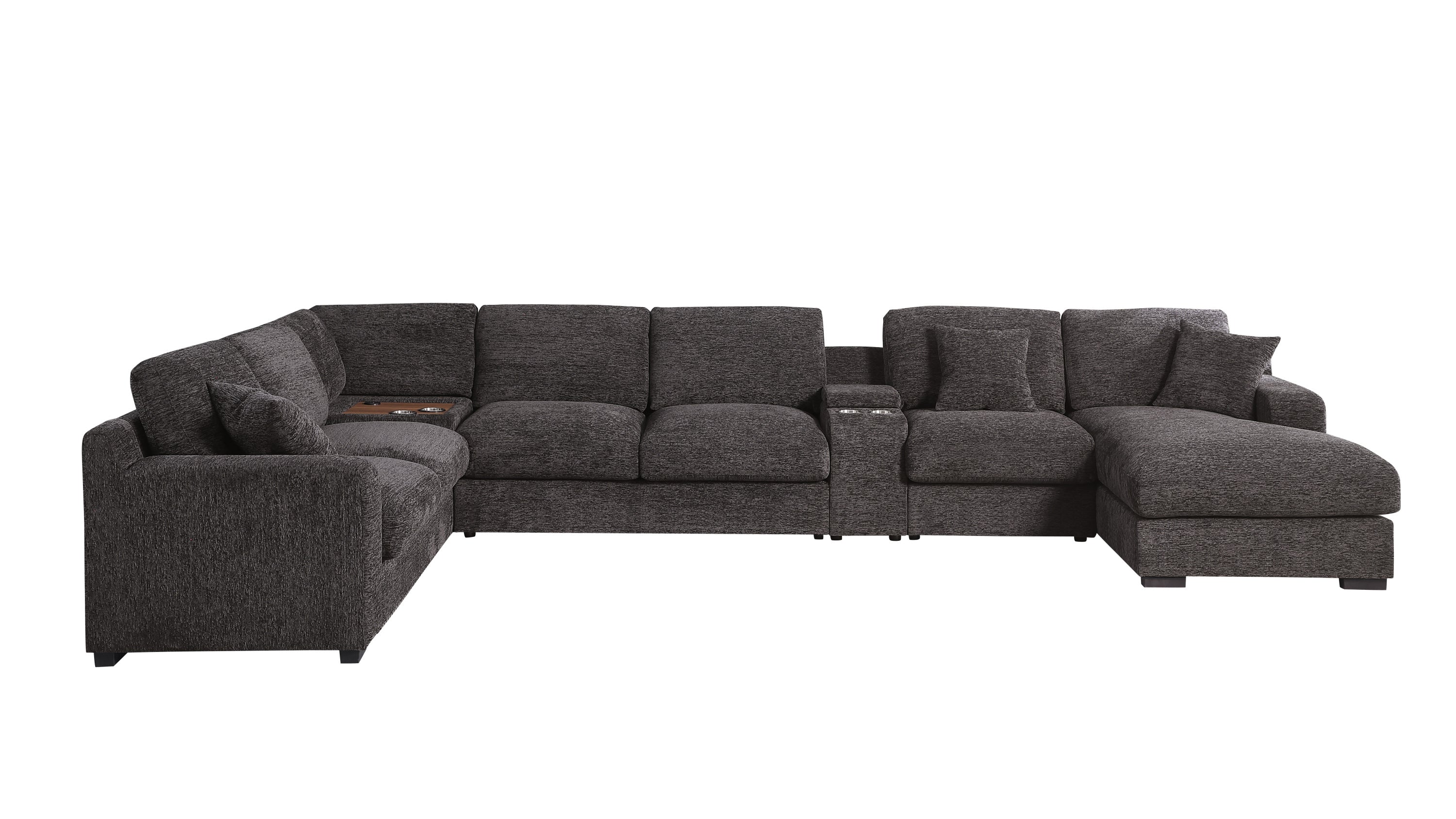 Front view of gray chenille sectional sofa with chaise, cupholders, and charging ports, showcasing its spacious modular layout.