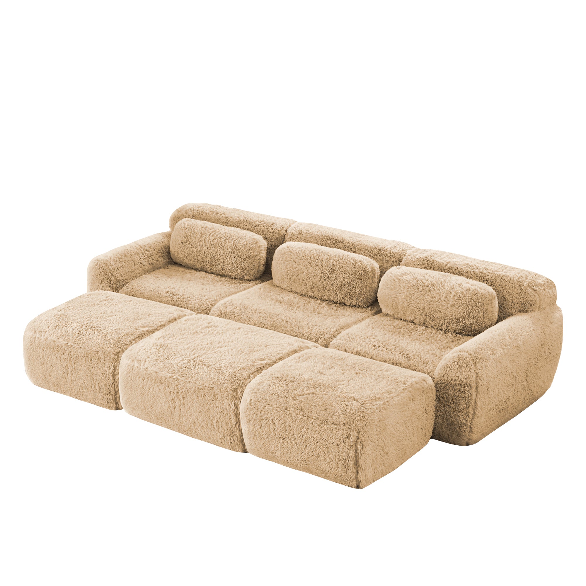 Plush light khaki 3-seater modular sofa with movable ottoman, designed for easy setup and flexible living room arrangements.