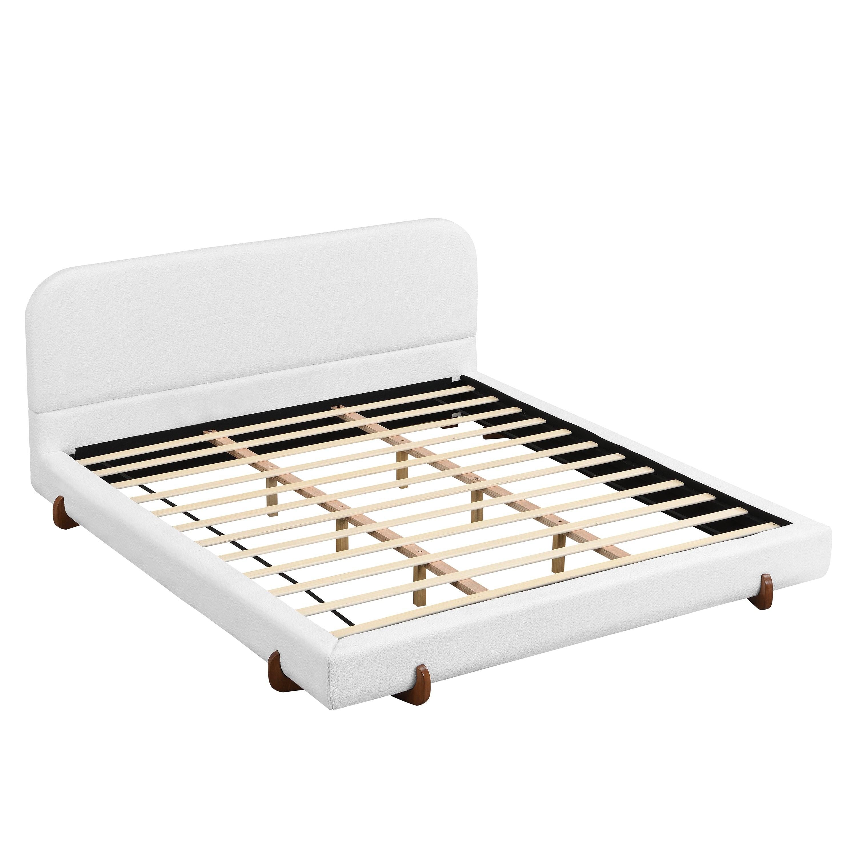 California King White Fabric Upholstered Bed Frame.