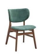 Green upholstered dining chair with walnut wood frame from the Walnut Dining Set - Faux Marble Table. Modern and durable seating for dining rooms.