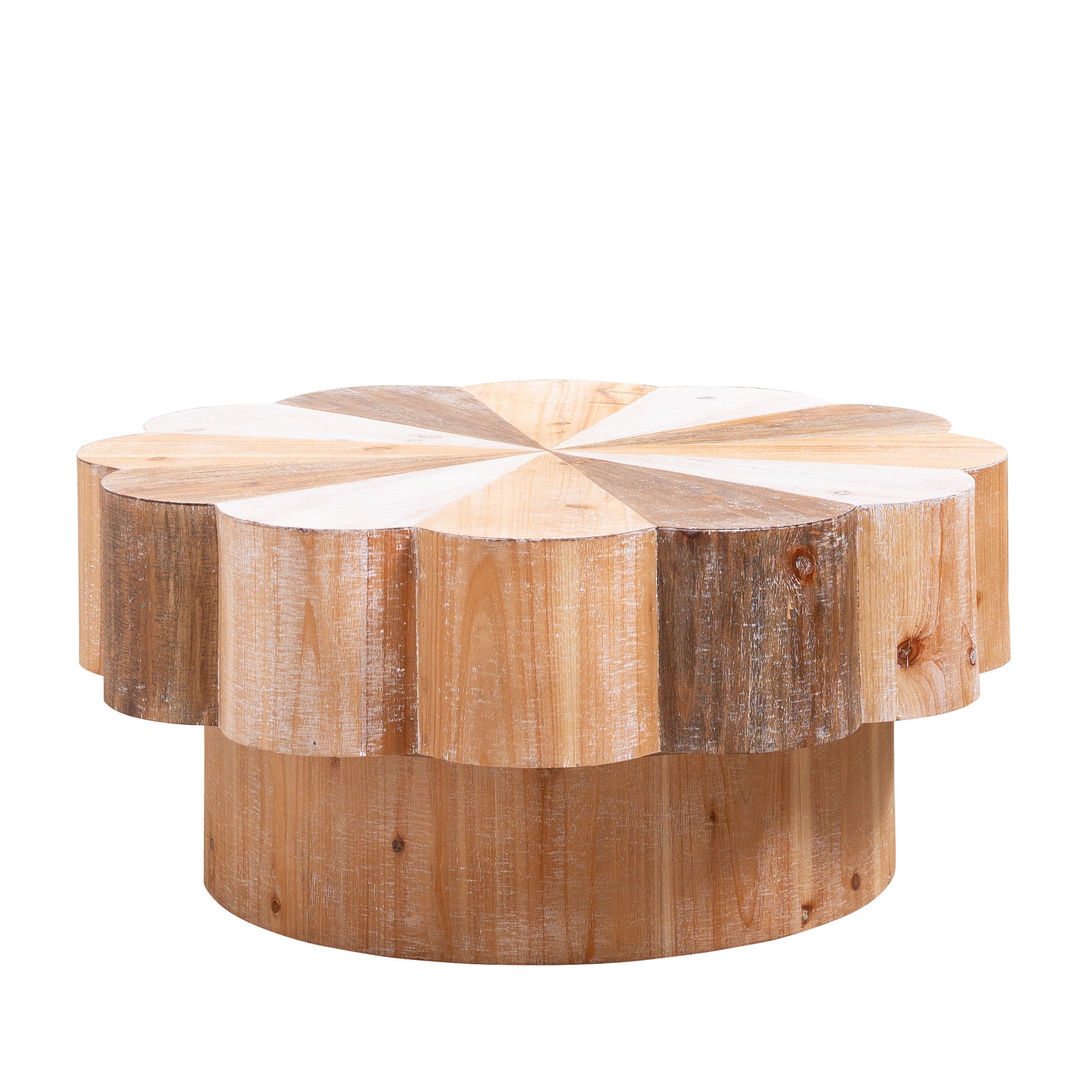 Side view of rustic flower-shaped coffee table showcasing scalloped edges and natural wood grain for a farmhouse-style living room.