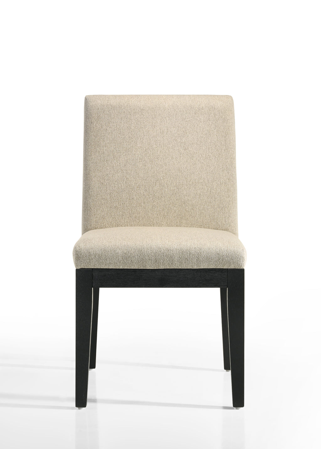 Front view of chair from Jasper Dining Set - Black Round Table & Chairs. Simple modern design with beige upholstery.