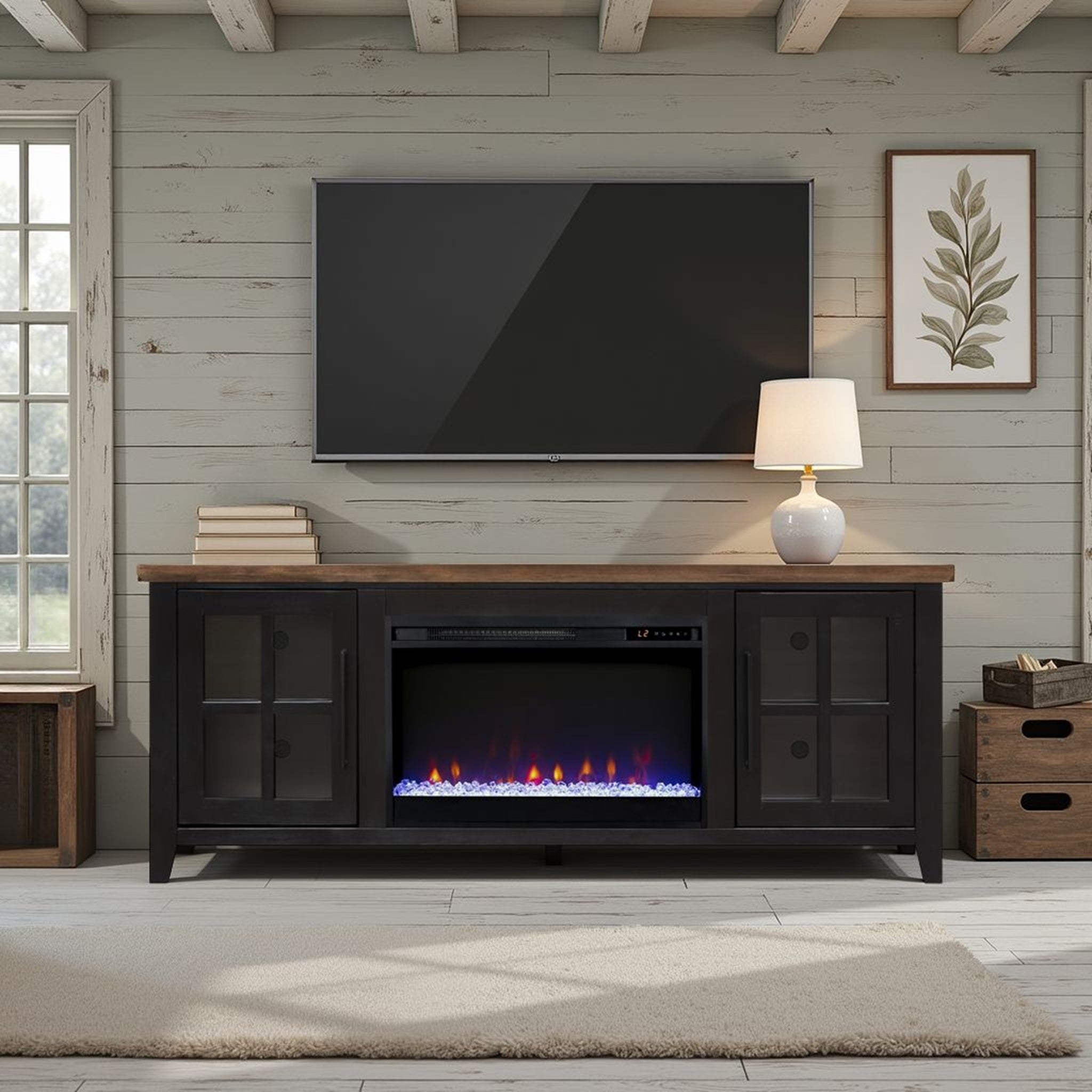 Fireplace TV Stand - Supports 80 inch TVs, Black & Bourbon