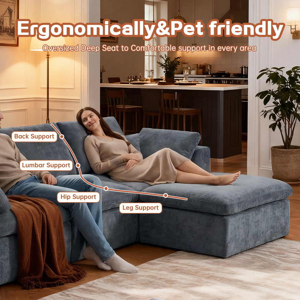 Modern Sectional Couch - Minimalist Sofa with ergonomic support zones labeled for back, lumbar, hip, and legs, ideal for comfort-focused living rooms.