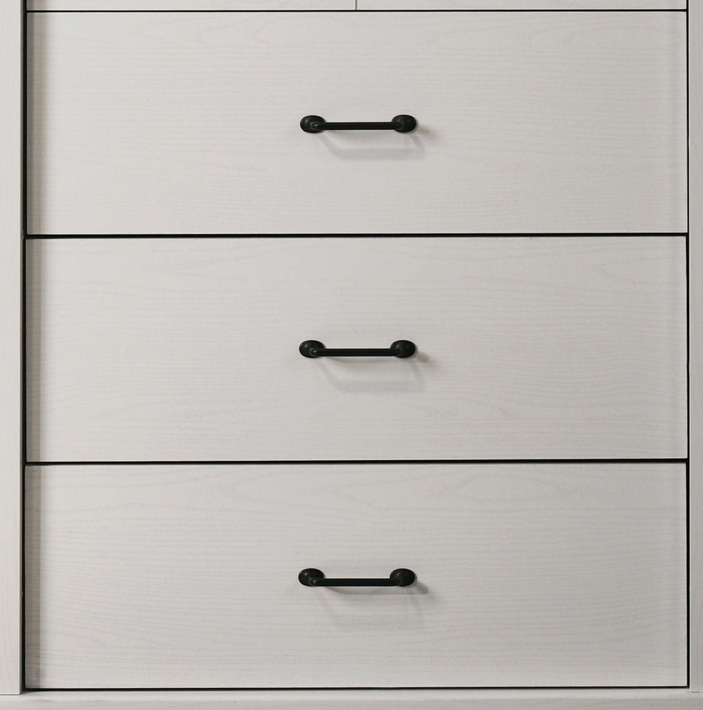 Elara White 4-Drawer Chest with Black Metal Handles.