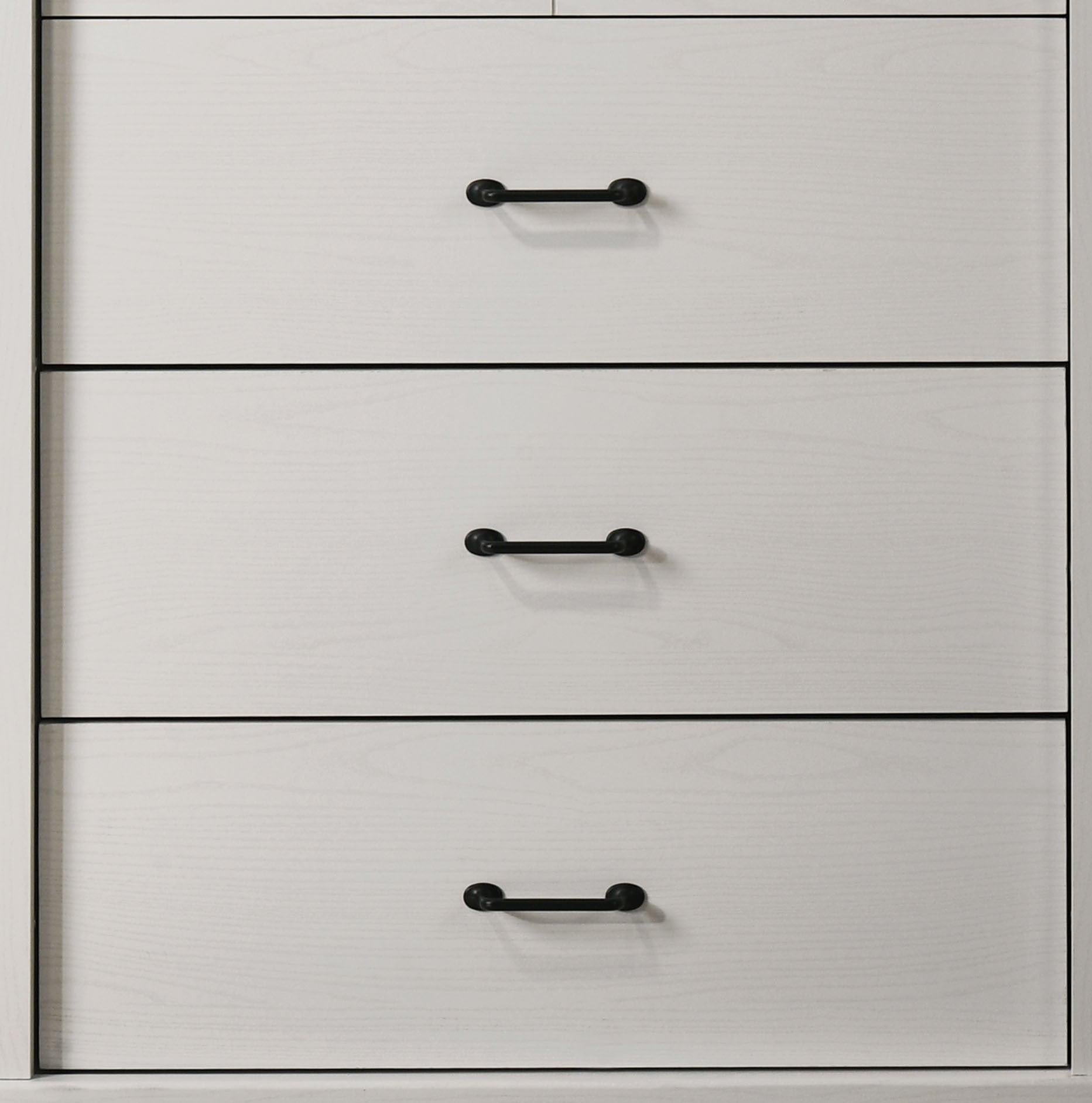 Elara White 4-Drawer Chest with Black Metal Handles.