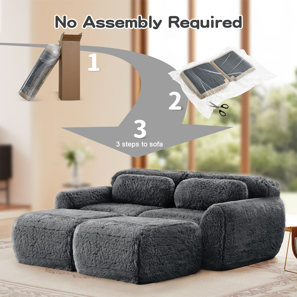 No assembly required for Plush Modular Sofa Dark Grey, showing simple 3-step setup process with compressed packaging.