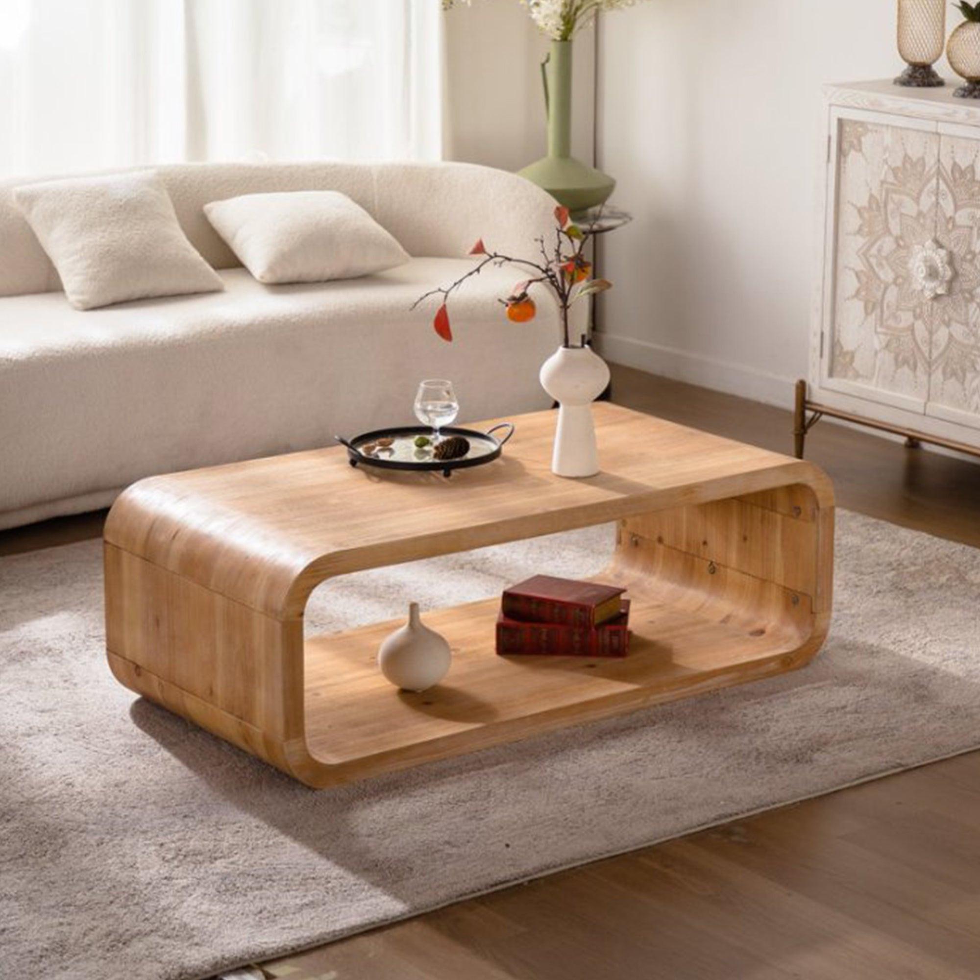 Light Wood Coffee Table with Open Storage for Living Rooms.