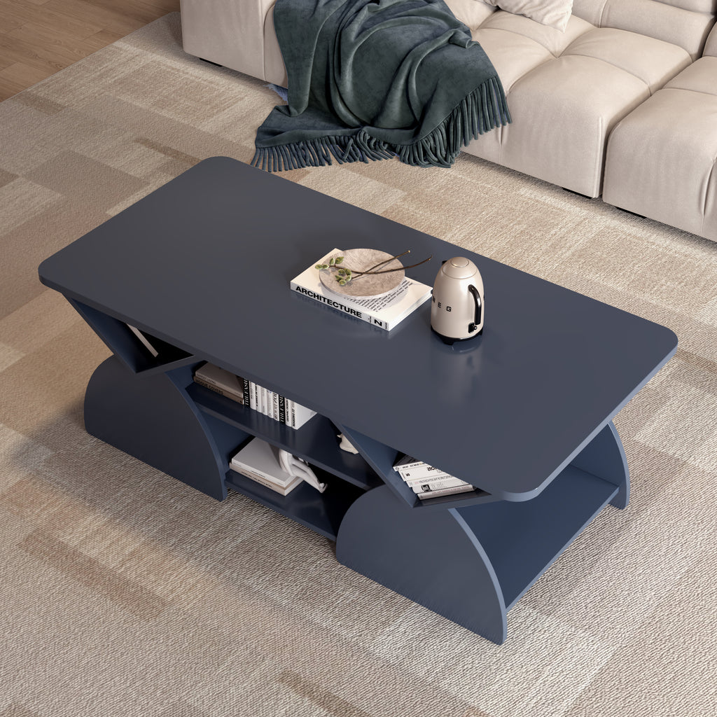 Blue Geometric Coffee Table with Open Shelves in a modern setting, offering stylish storage and a durable engineered wood build.