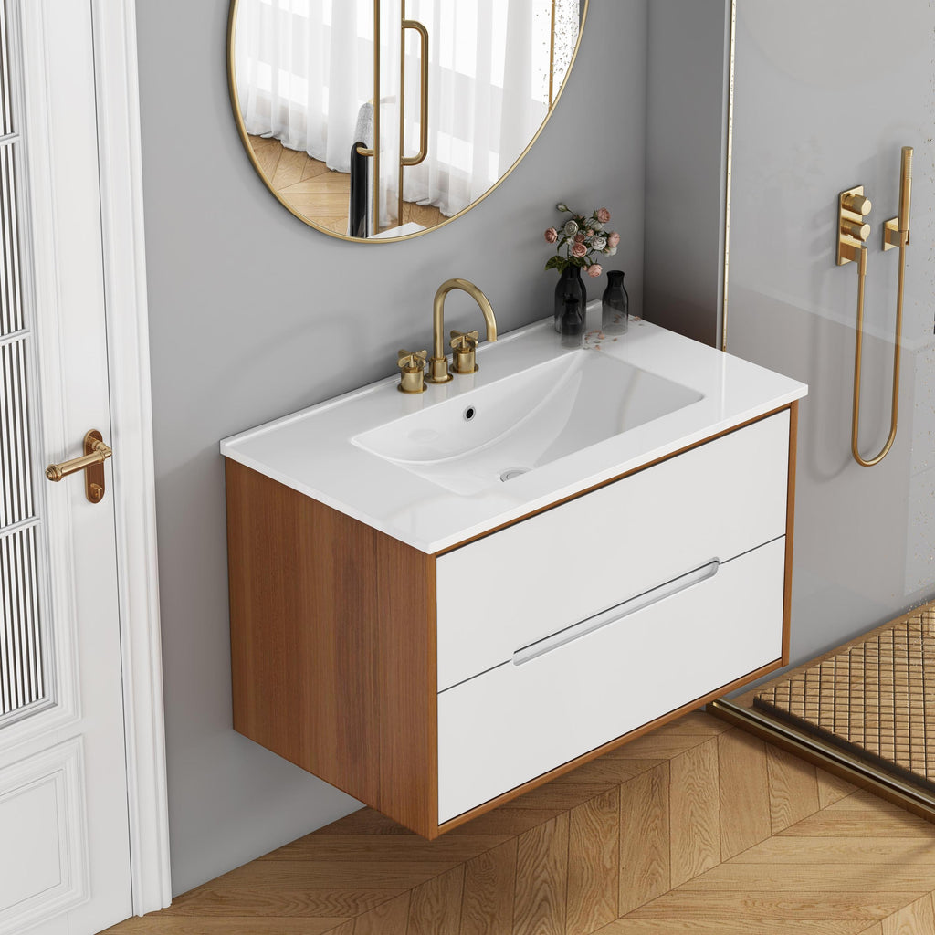 Floating 32-inch bathroom vanity in walnut and white with ceramic sink and soft-close drawers, ideal for modern bathroom upgrades.