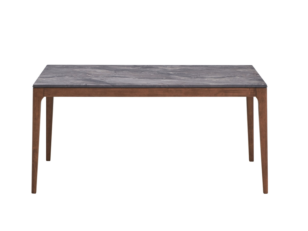 Side view of walnut dining table with faux marble top, highlighting its sleek and durable construction for contemporary dining spaces.