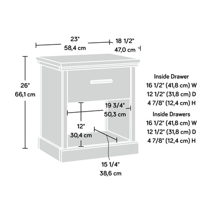Dimension diagram of Brown Finish Night Stand with Drawer & Shelf, showing measurements for overall size and drawer capacity.