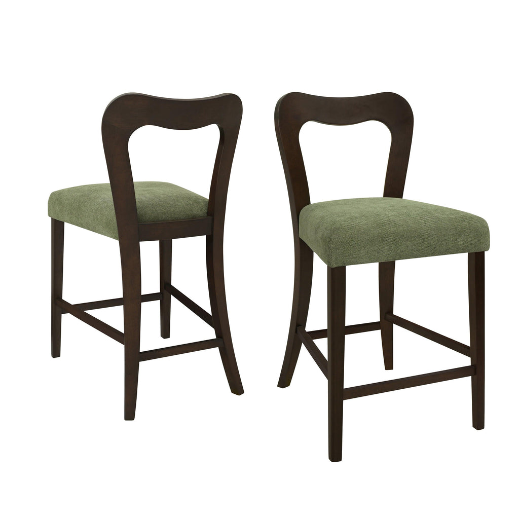 Set of 2 Rubberwood Counter Stools in Dark Brown and Green.