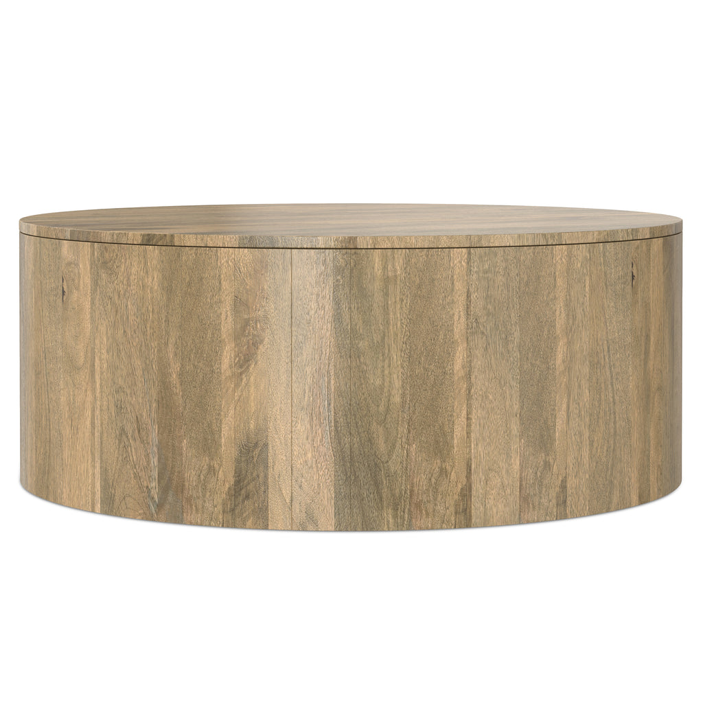 Millbury Drum Coffee Table - Wood with a full front view highlighting its smooth, rounded drum shape and durable mango wood construction.