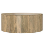 Millbury Drum Coffee Table - Wood with a full front view highlighting its smooth, rounded drum shape and durable mango wood construction.