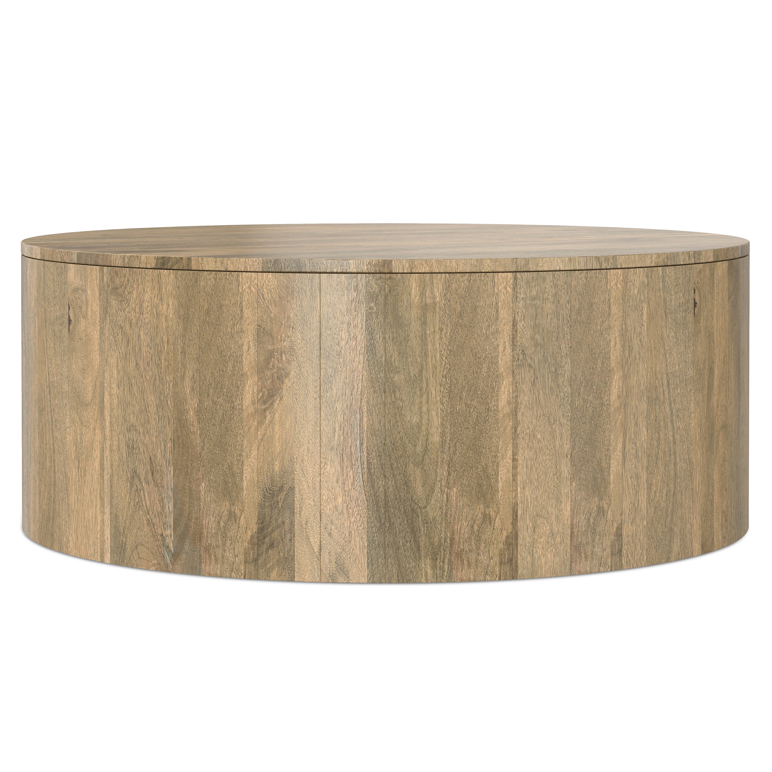 Millbury Drum Coffee Table - Wood with a full front view highlighting its smooth, rounded drum shape and durable mango wood construction.