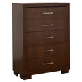 Tall five-drawer bedroom chest in cappuccino wood finish with modern, sleek silver-tone handles on each drawer.