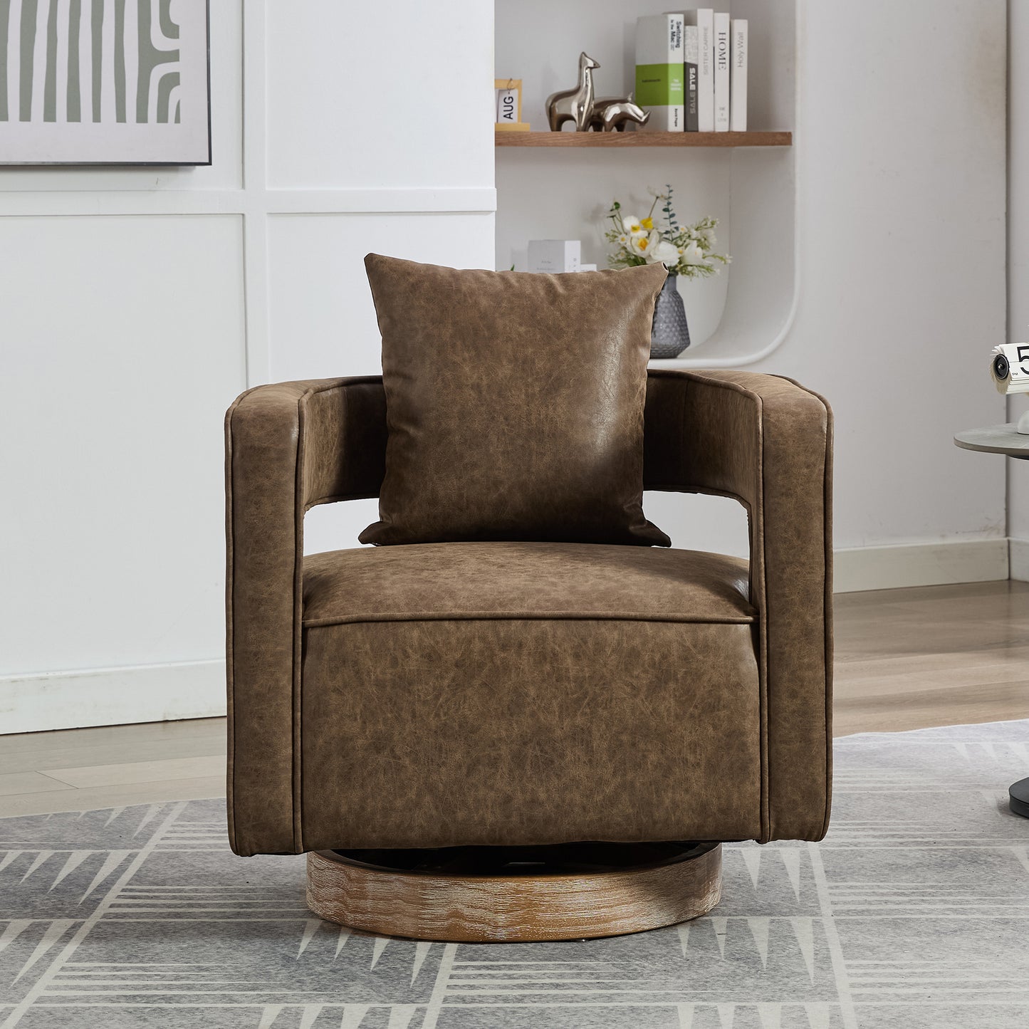 29.1'W Swivel Accent Open Back Barrel Chair Modern Comfy Sofa Chair With Weathered Base For Nursery Bedroom Living Room Hotel Office, Club Chair Leisure Arm Chair For Lounge (Coffee,PU)