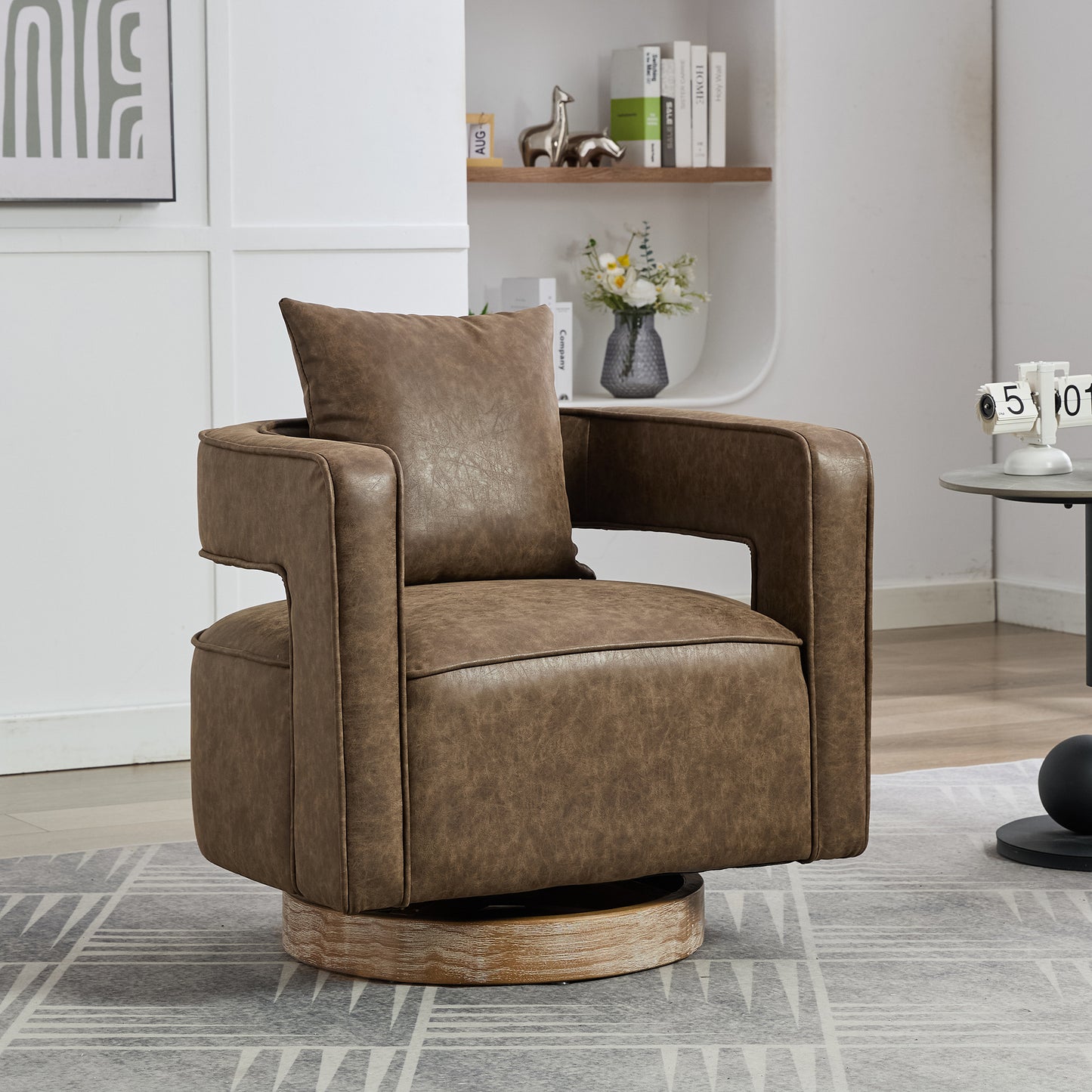 29.1'W Swivel Accent Open Back Barrel Chair Modern Comfy Sofa Chair With Weathered Base For Nursery Bedroom Living Room Hotel Office, Club Chair Leisure Arm Chair For Lounge (Coffee,PU)