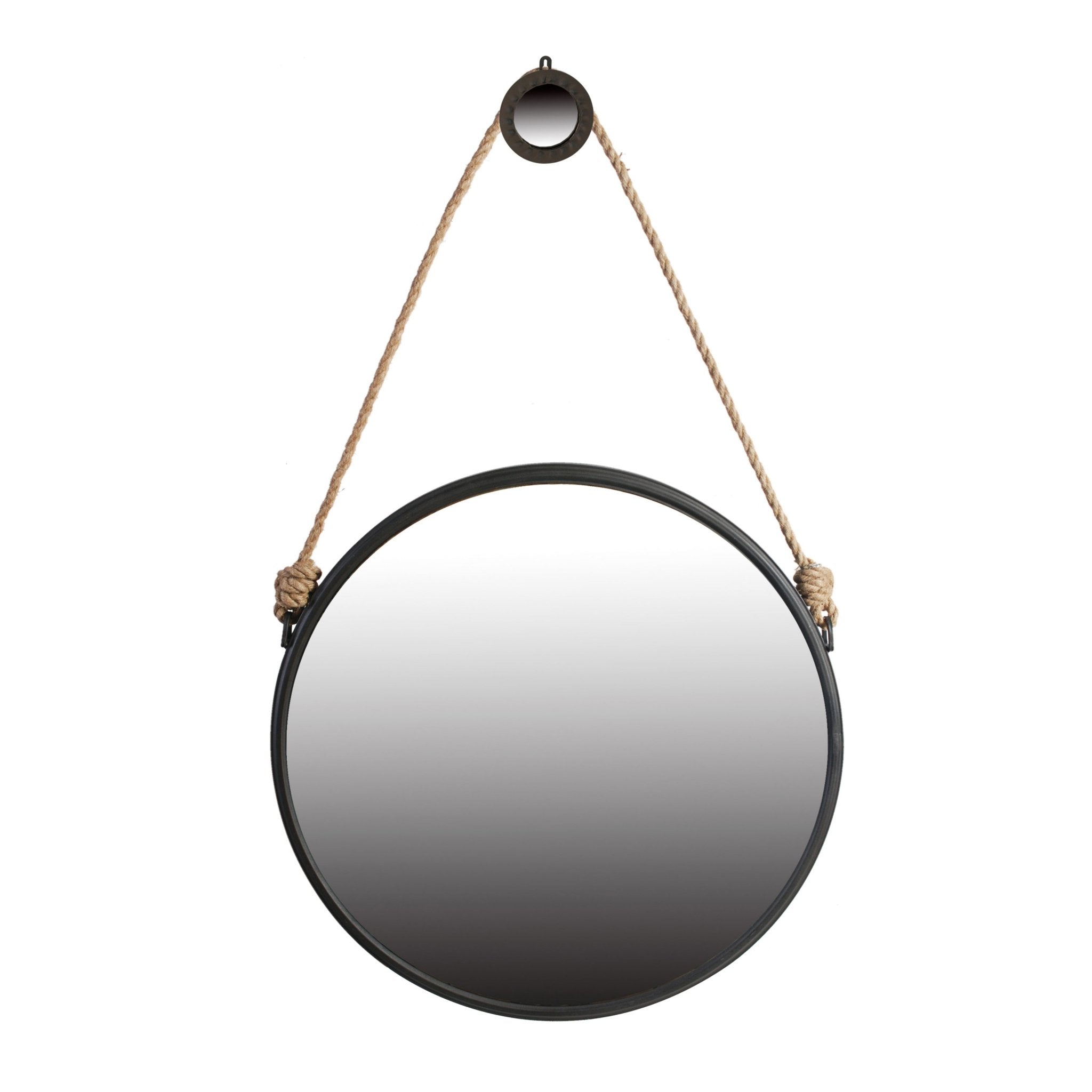 29.5" in On-trend Hanging Round Mirror with Black Framed and with Rope Strap Contemporary Industrial Decor for Bathroom, Bedroom, or Living Space - Groovy Boardz
