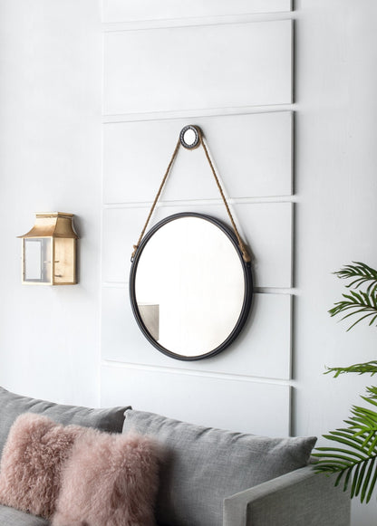 29.5" in On-trend Hanging Round Mirror with Black Framed and with Rope Strap Contemporary Industrial Decor for Bathroom, Bedroom, or Living Space - Groovy Boardz