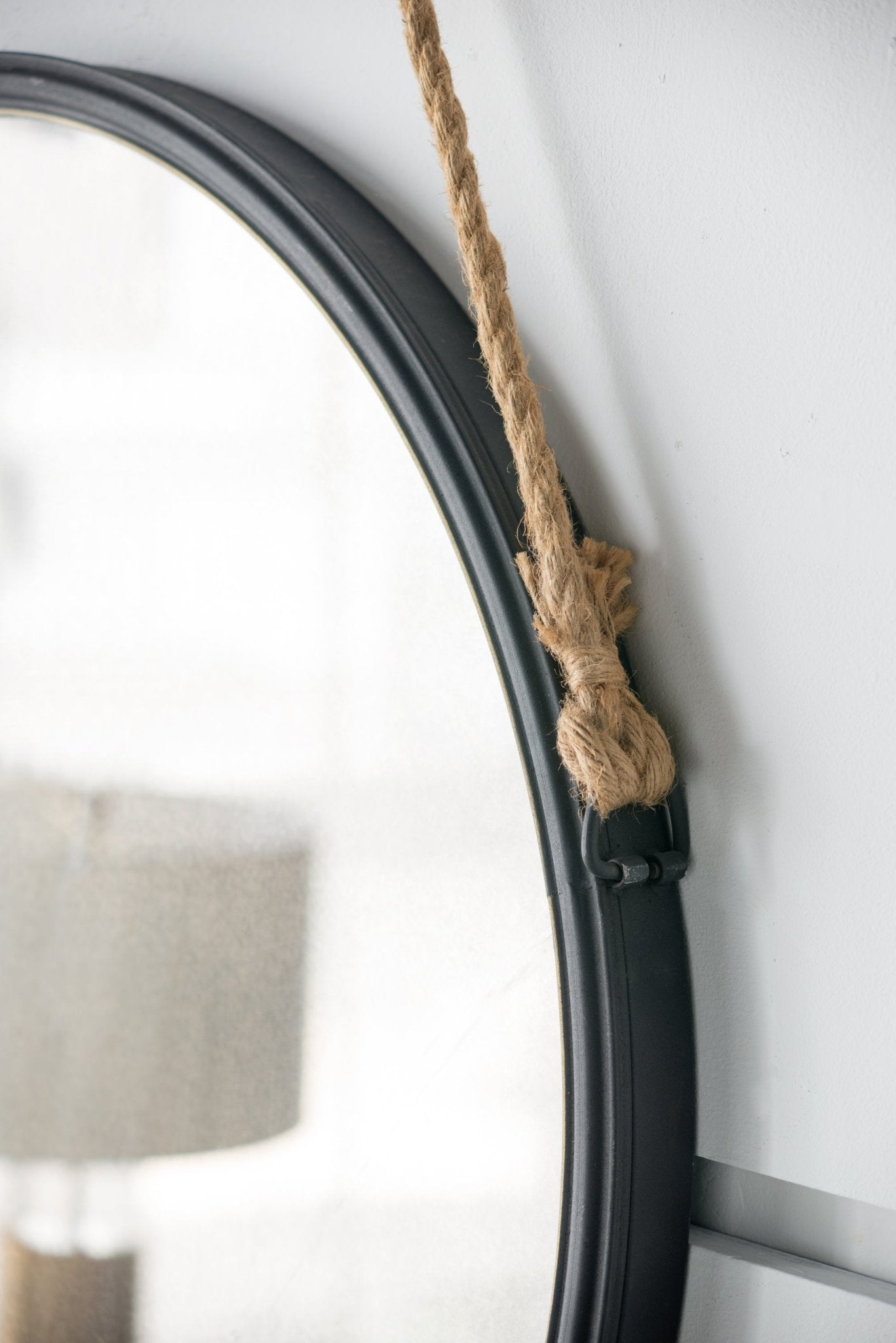 29.5" in On-trend Hanging Round Mirror with Black Framed and with Rope Strap Contemporary Industrial Decor for Bathroom, Bedroom, or Living Space - Groovy Boardz