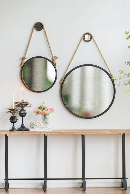 29.5" in On-trend Hanging Round Mirror with Black Framed and with Rope Strap Contemporary Industrial Decor for Bathroom, Bedroom, or Living Space - Groovy Boardz