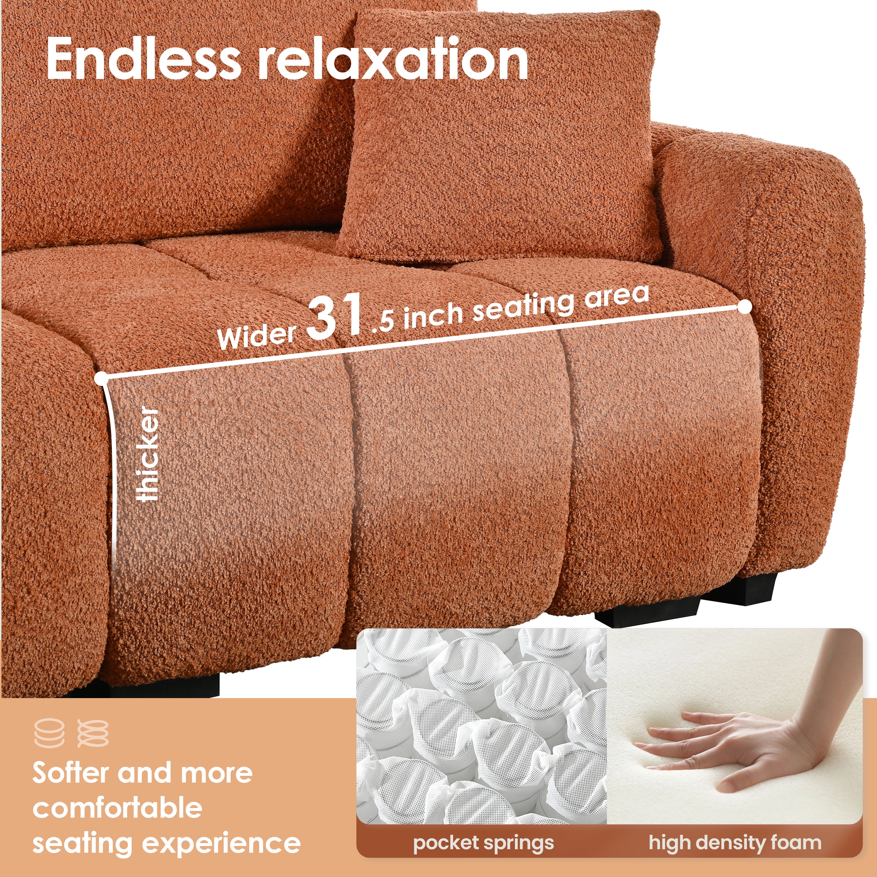 Boucle fabric modular sectional sofa with ottoman featuring 31.5-inch wide seat, pocket springs, and high-density foam for comfort.