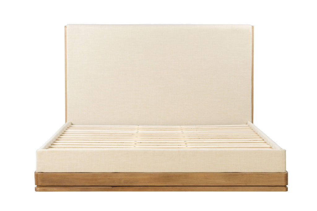 Zoey Beige Fabric Oak Queen Bed.