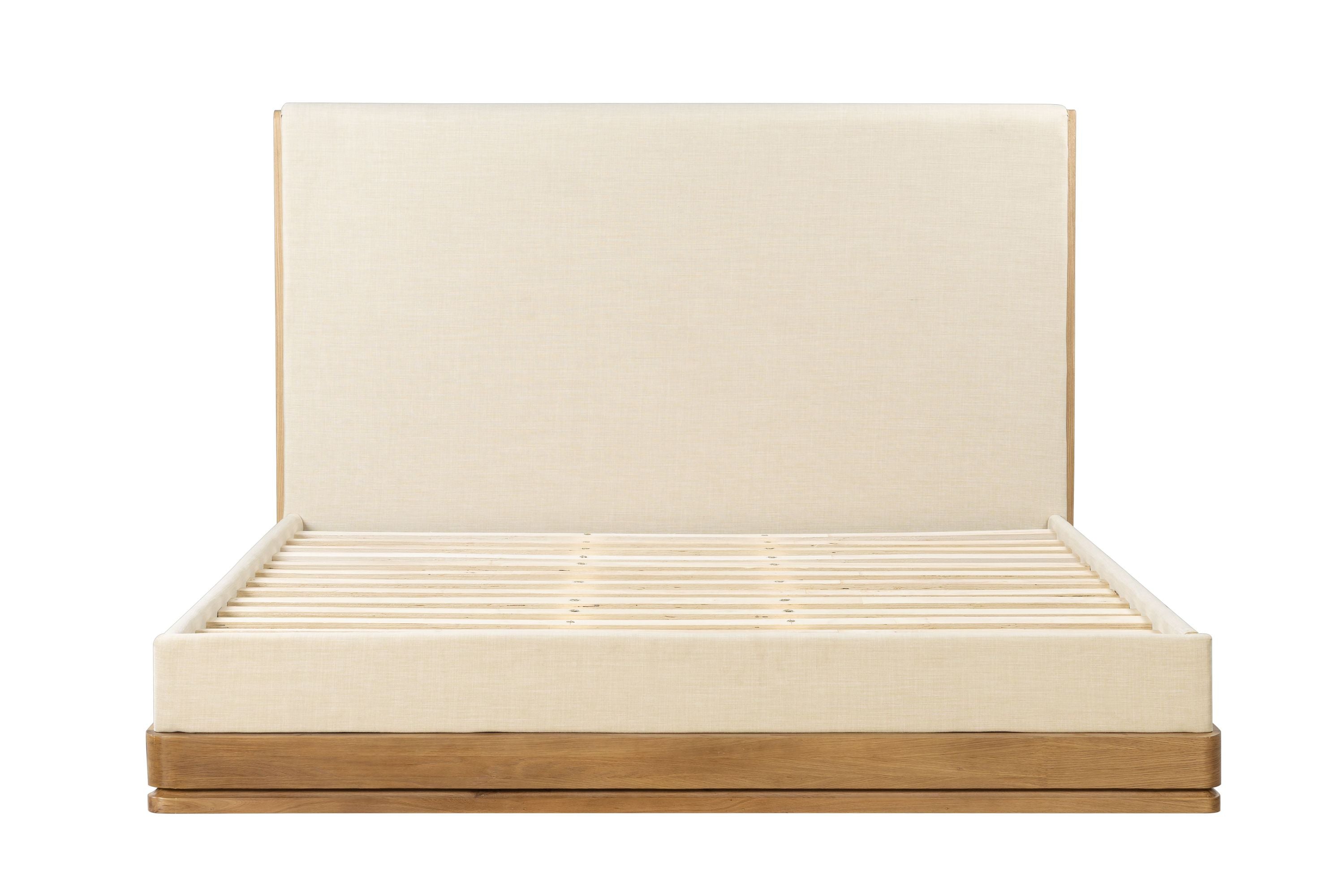 Front view of Zoey Beige Fabric Oak Queen Bed showing slatted base and tall upholstered headboard. Beige fabric and oak frame ensure strength and style.
