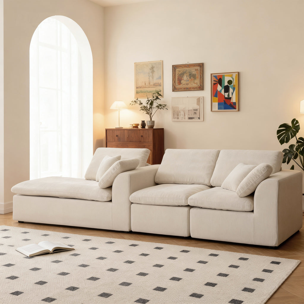 L-Shaped Sectional Sofa - Modern Style with chaise lounge in chenille fabric, shown in a bright living room with minimalist decor.