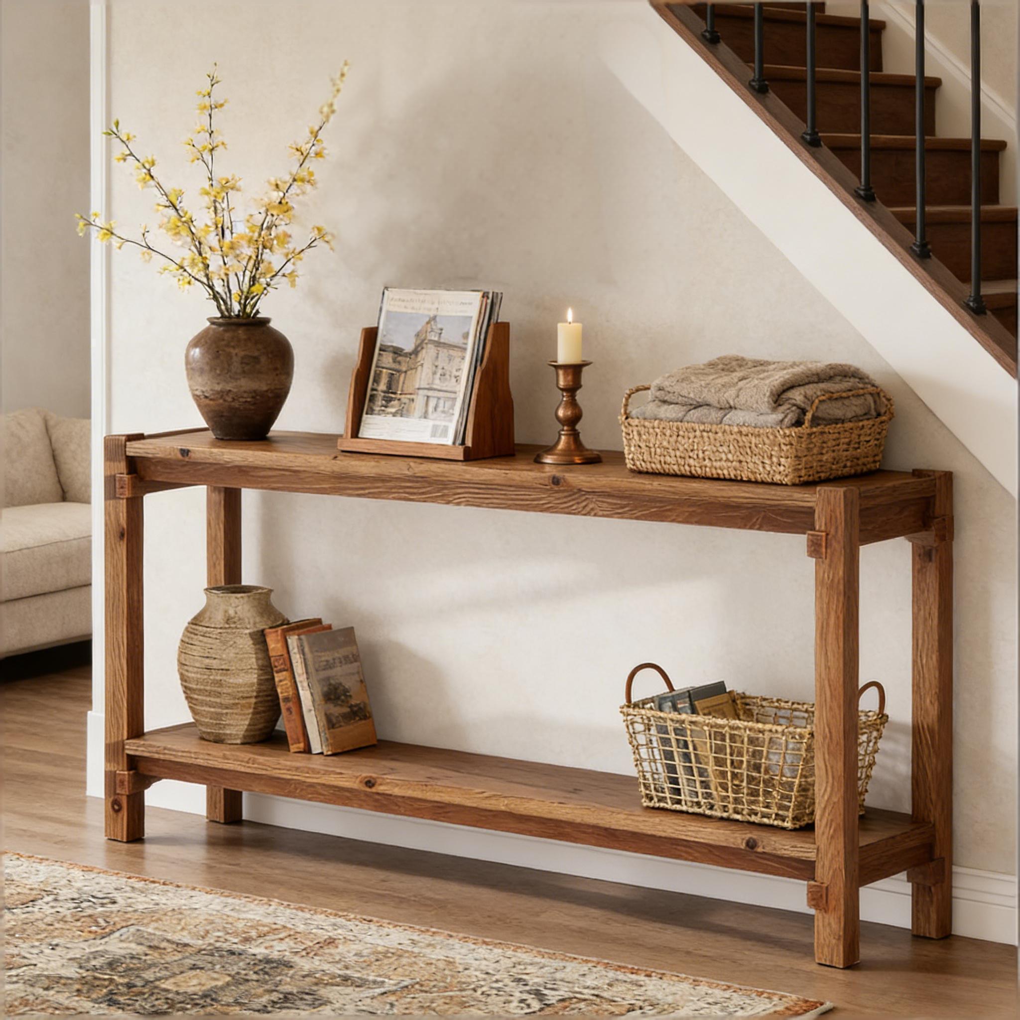 Rustic wooden 2-tier console table featuring a warm brown finish, straight legs, and open shelving in an entryway.