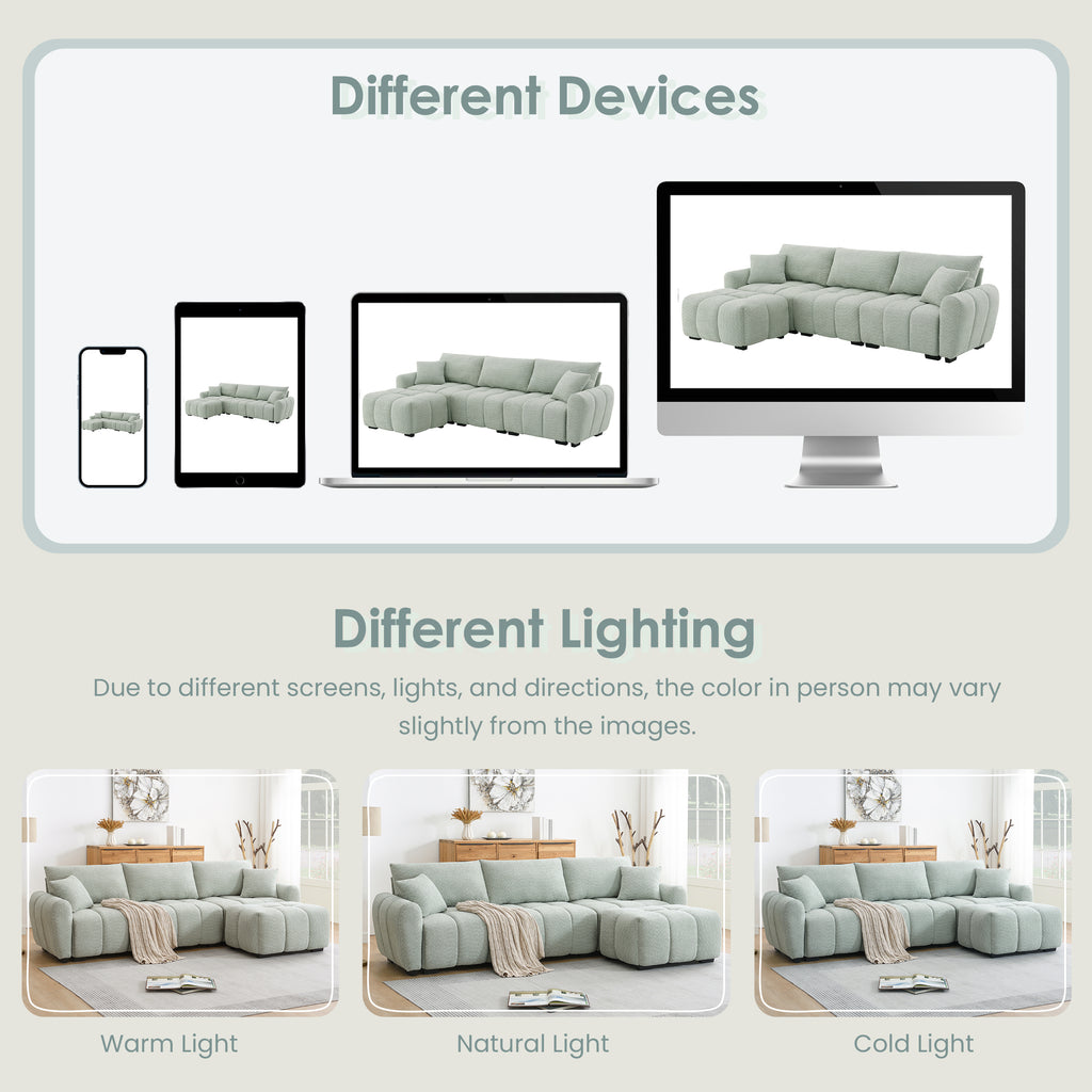 Modular sectional sofa with ottoman displayed on various devices and lighting conditions to show color variation and adaptability.