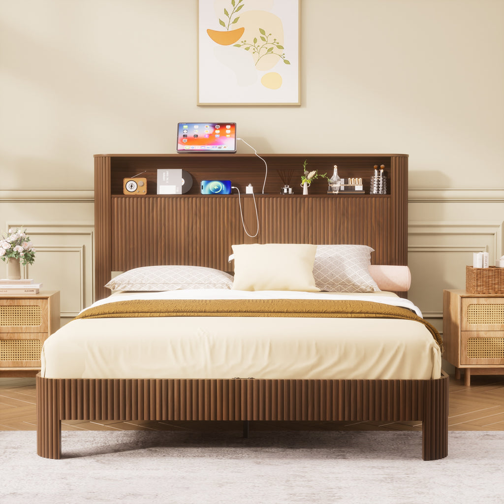 Queen-Size Wave-Shaped Bed Frame in Walnut with Built-In Storage