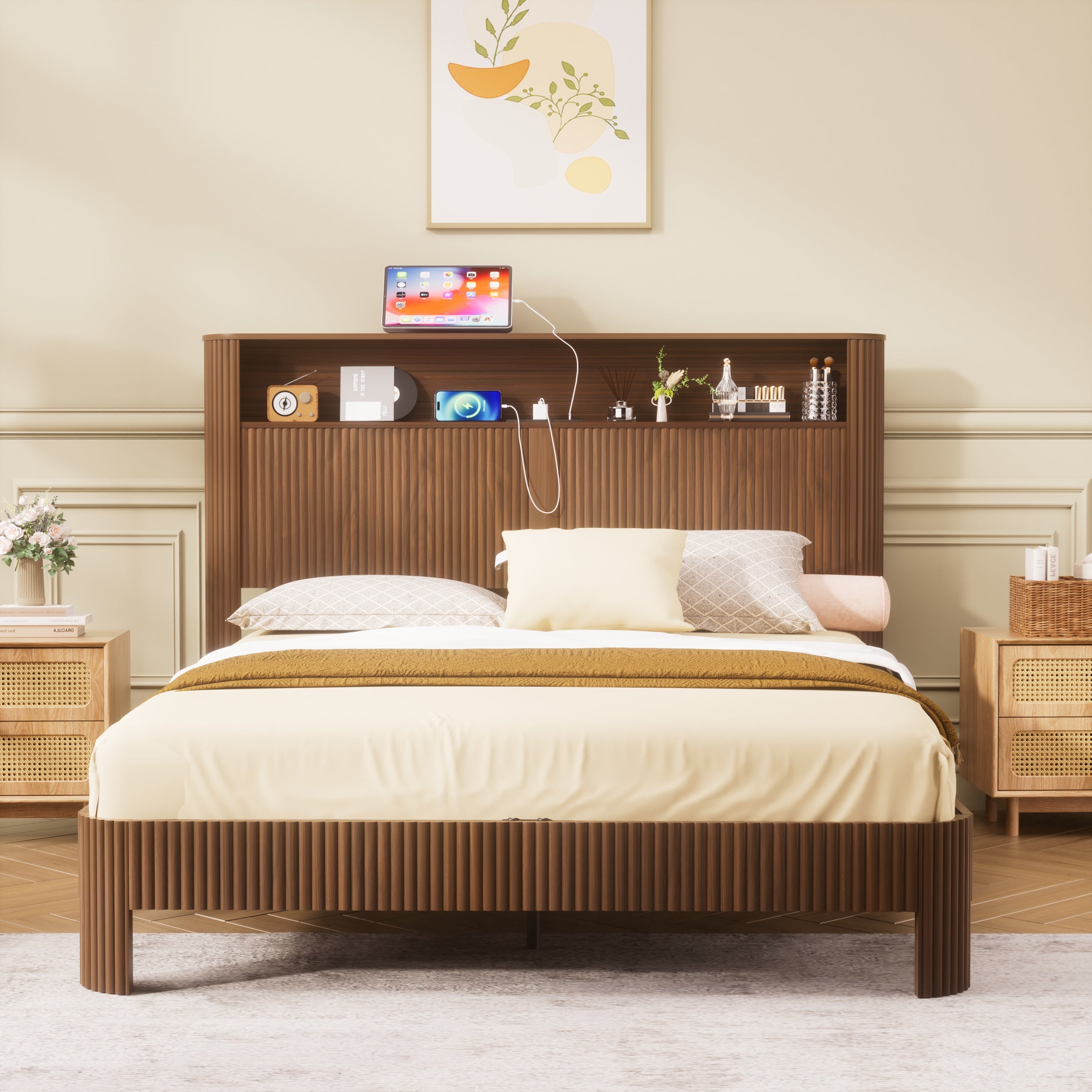 Queen-Size Wave-Shaped Bed Frame in Walnut with Built-In Storage