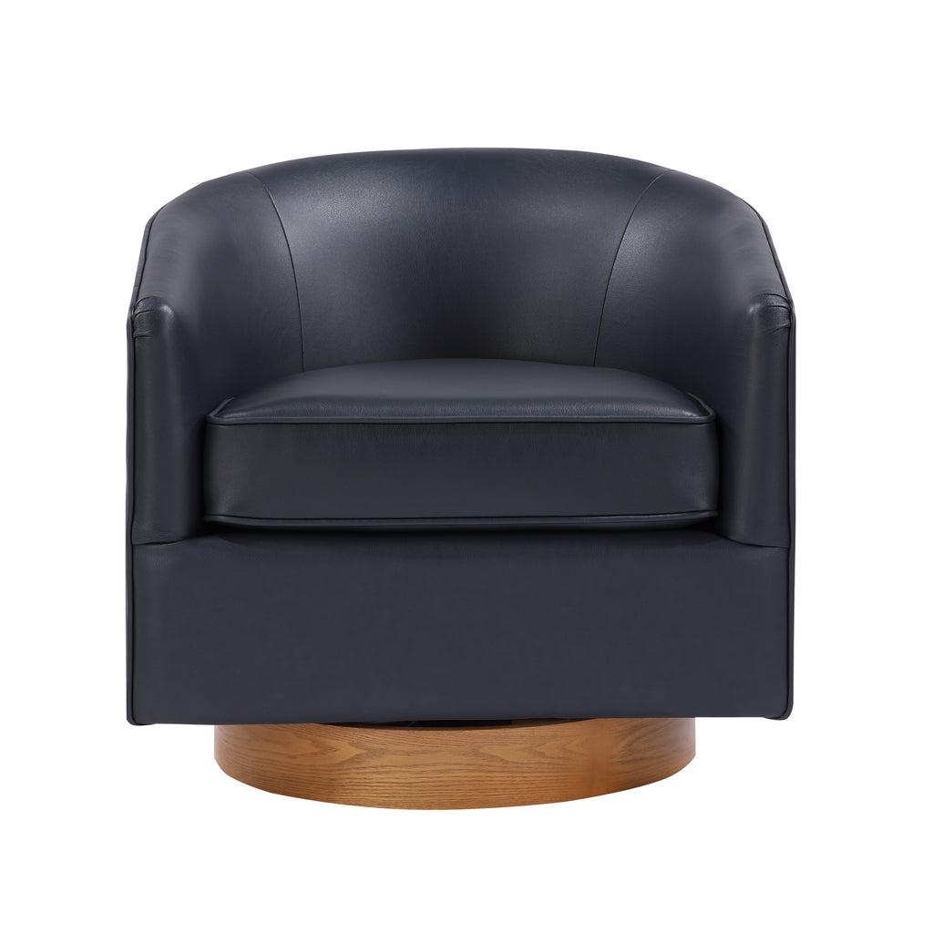 Maisy Midnight Blue Faux Leather Barrel Swivel Chair with Wooden Base