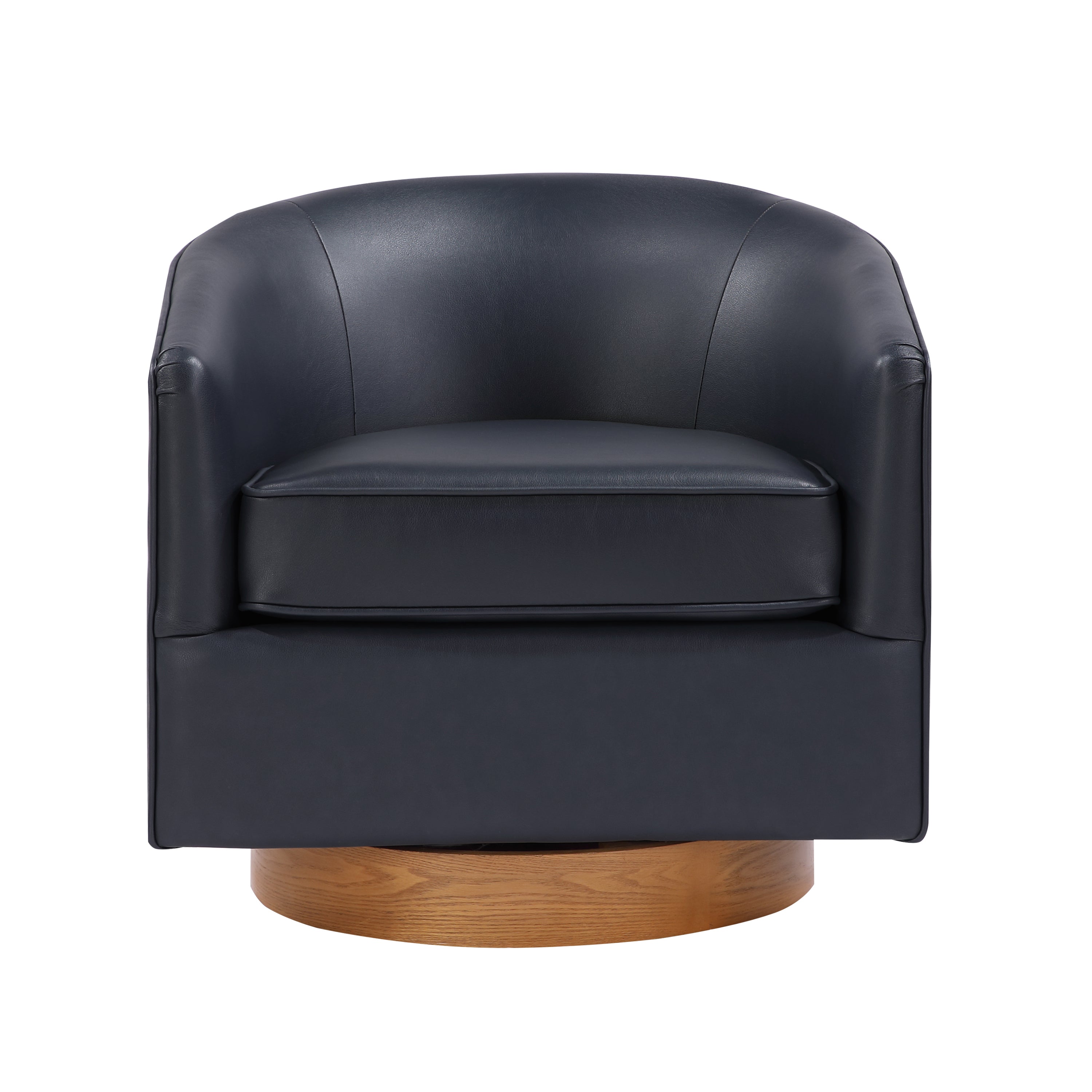 Maisy Midnight Blue Faux Leather Barrel Swivel Chair with Wooden Base
