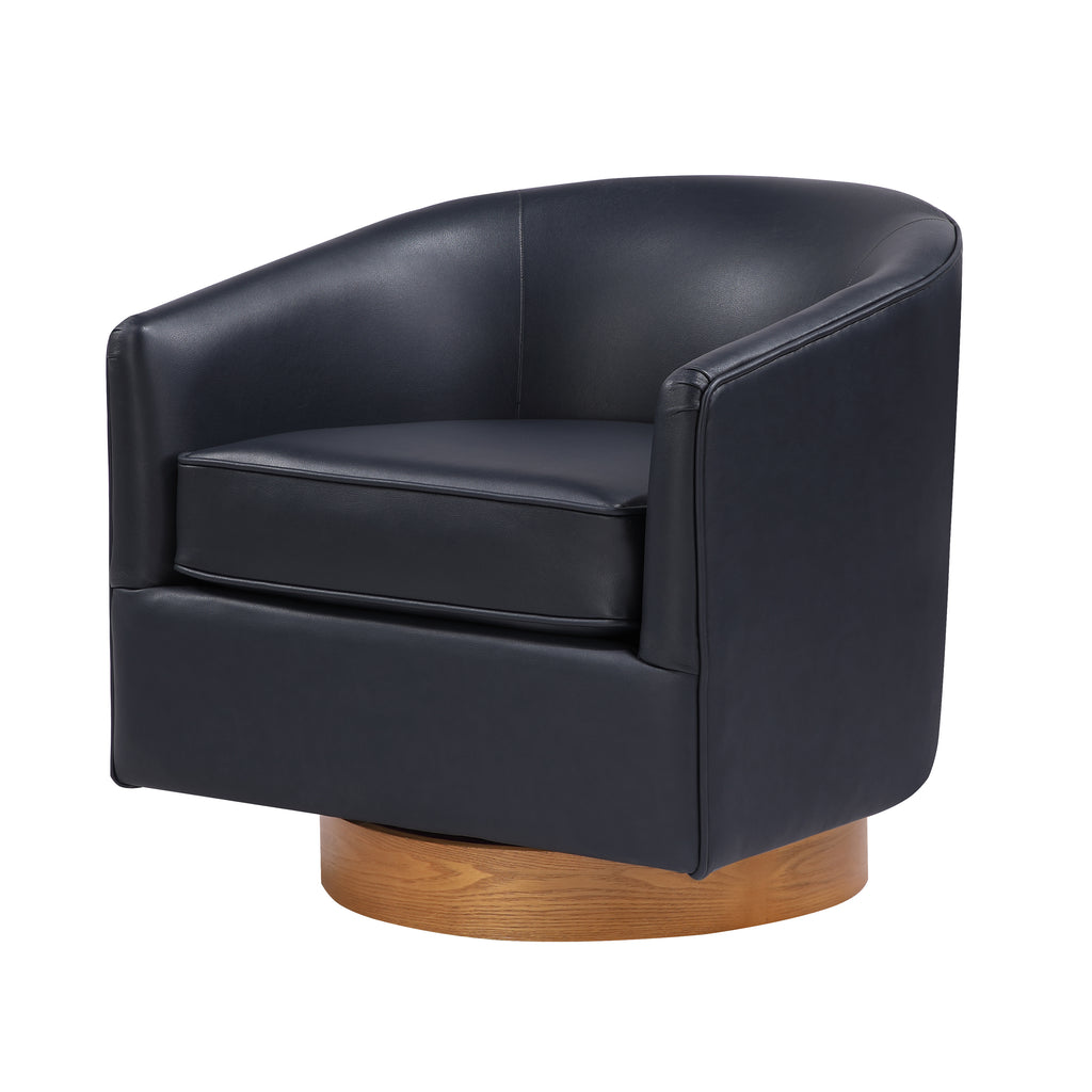 Maisy Midnight Blue Faux Leather Barrel Swivel Chair with Wooden Base
