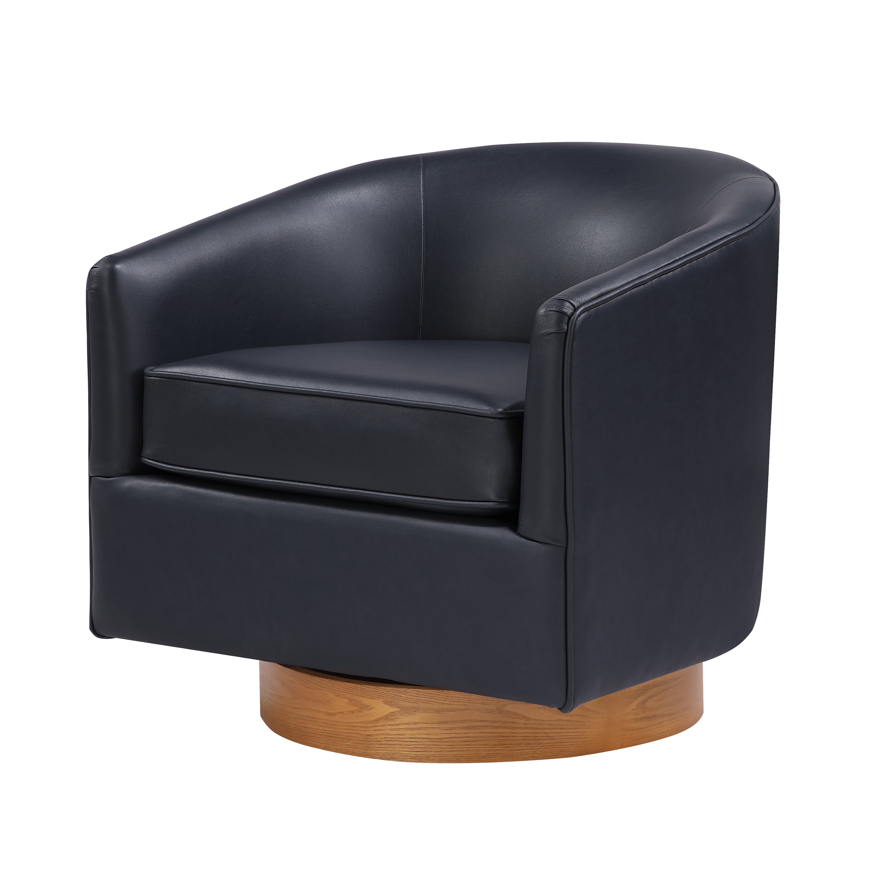 Maisy Midnight Blue Faux Leather Barrel Swivel Chair with Wooden Base