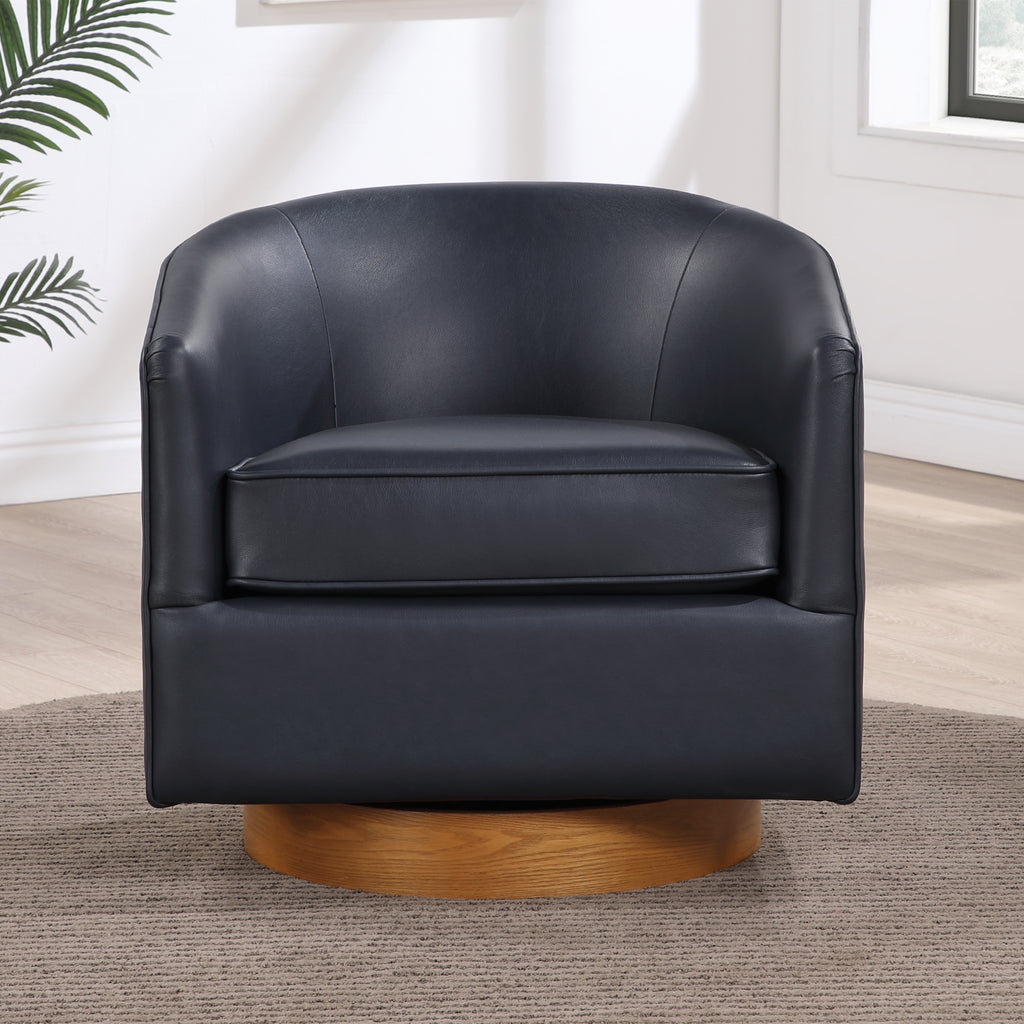 Maisy Midnight Blue Faux Leather Barrel Swivel Chair with Wooden Base