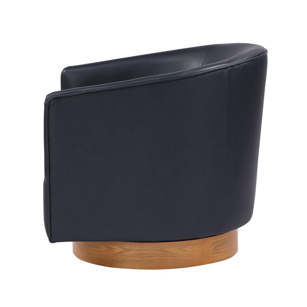Maisy Midnight Blue Faux Leather Barrel Swivel Chair with Wooden Base