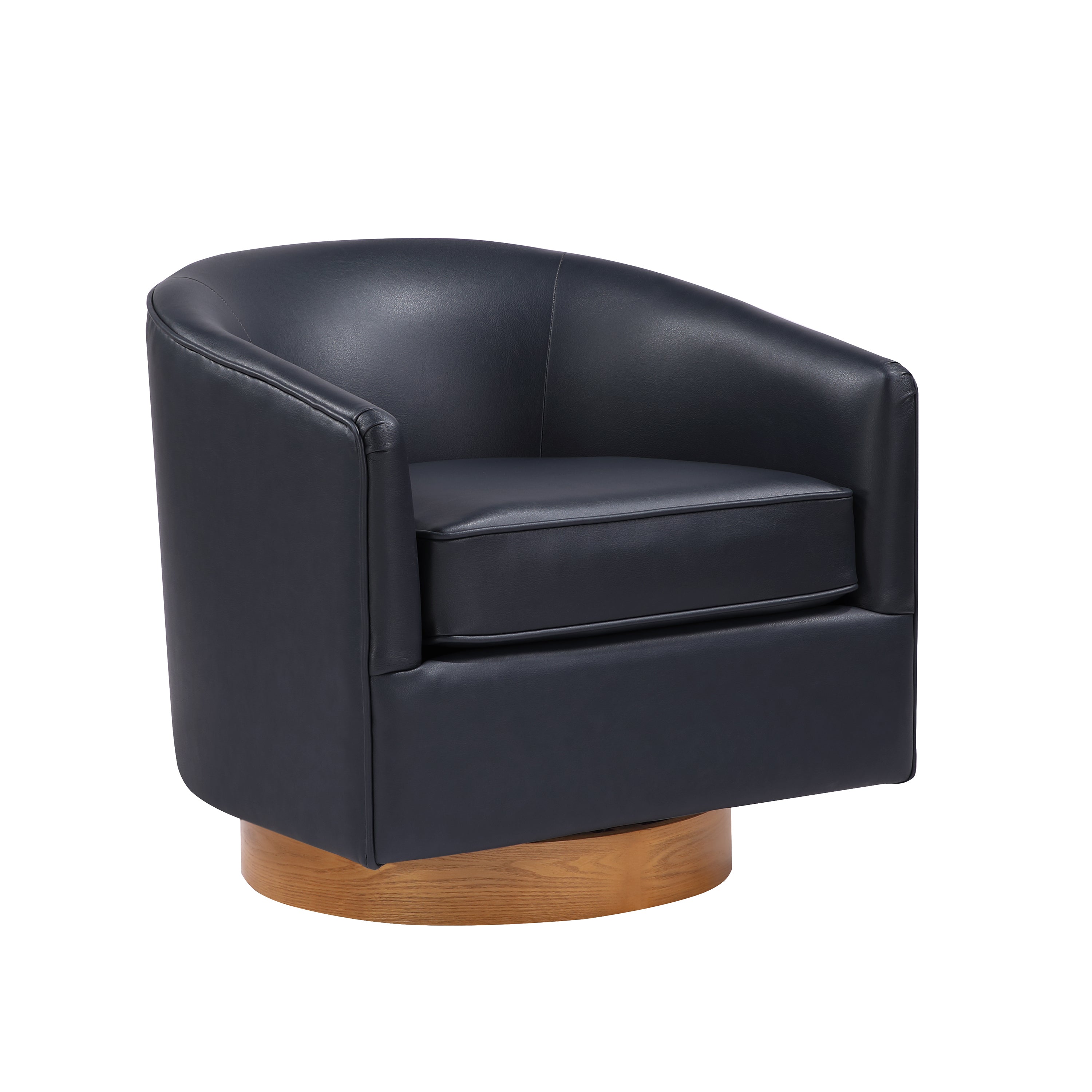 Maisy Midnight Blue Faux Leather Barrel Swivel Chair with Wooden Base