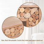 Zoomed-in view of log accents on rustic console table with text highlighting natural cracks and raw wood charm.