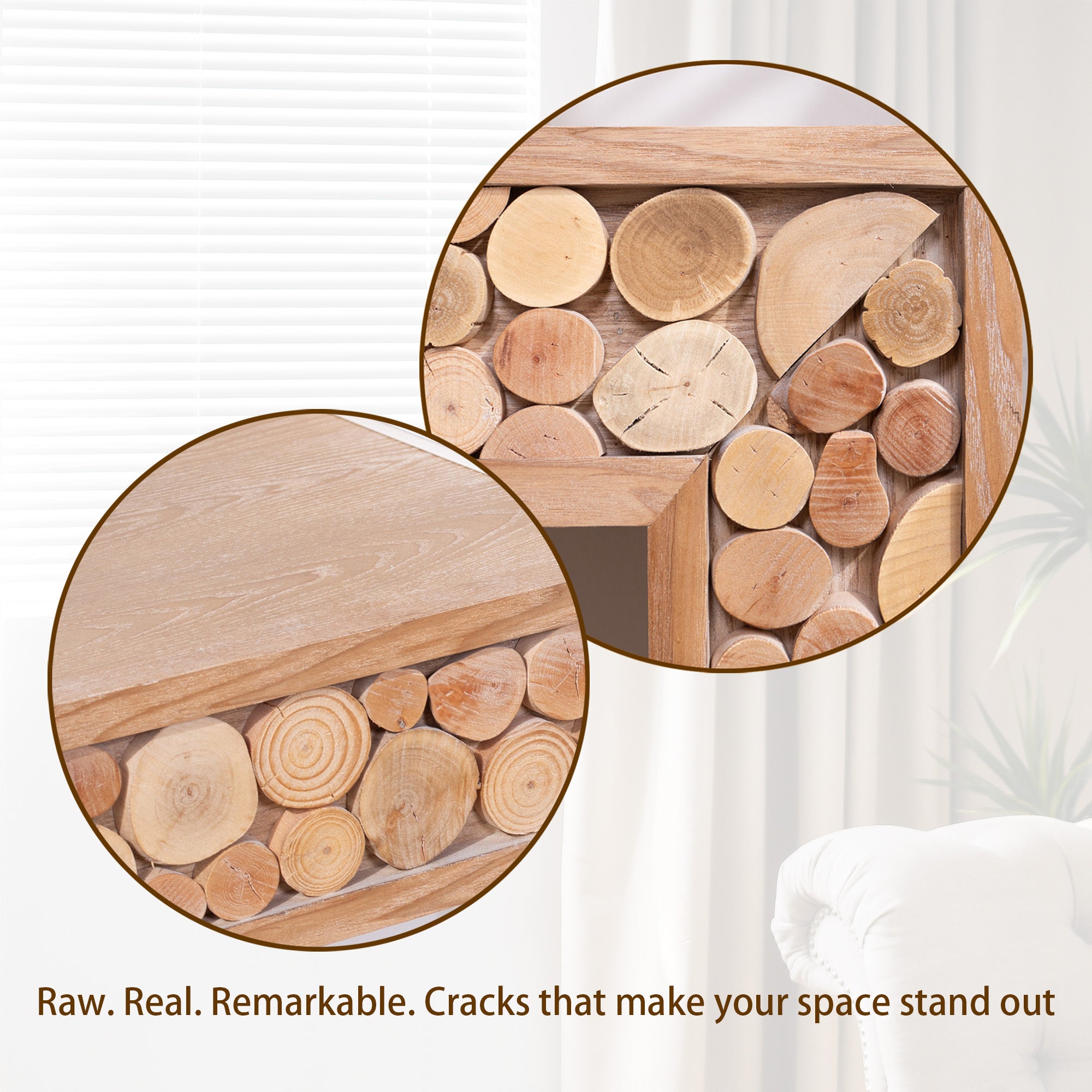 Zoomed-in view of log accents on rustic console table with text highlighting natural cracks and raw wood charm.