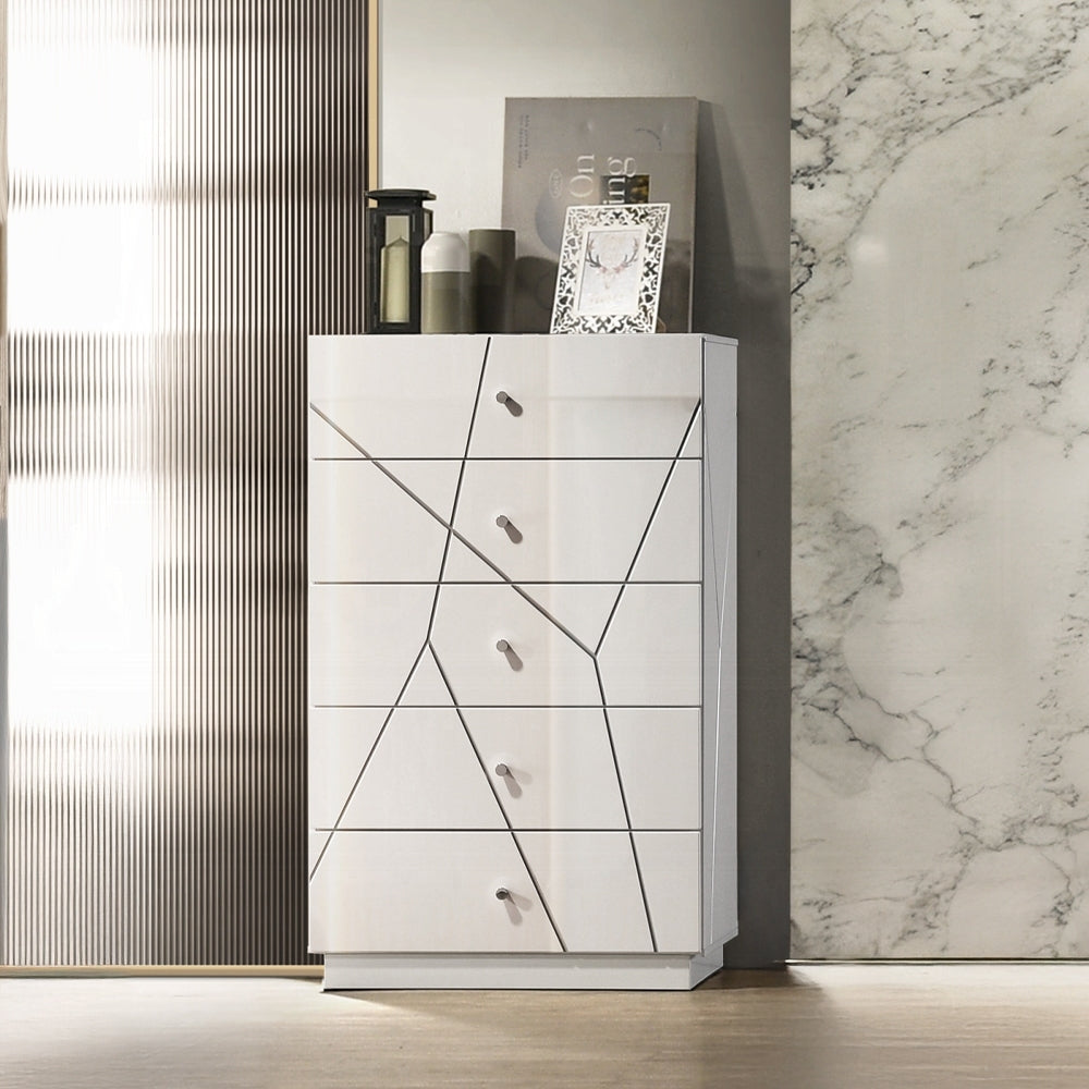 Modern White 5 Drawer Chest with Embossed Lines