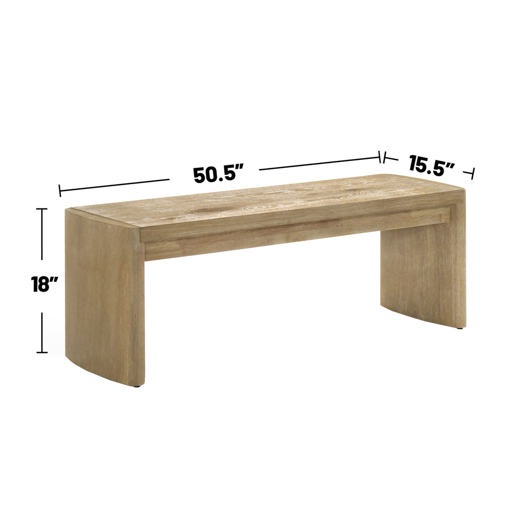 Oak Dining Bench - Wooden Finish Seating with dimensions 50.5''W x 15.5''D x 18''H, showcasing its compact and functional design.