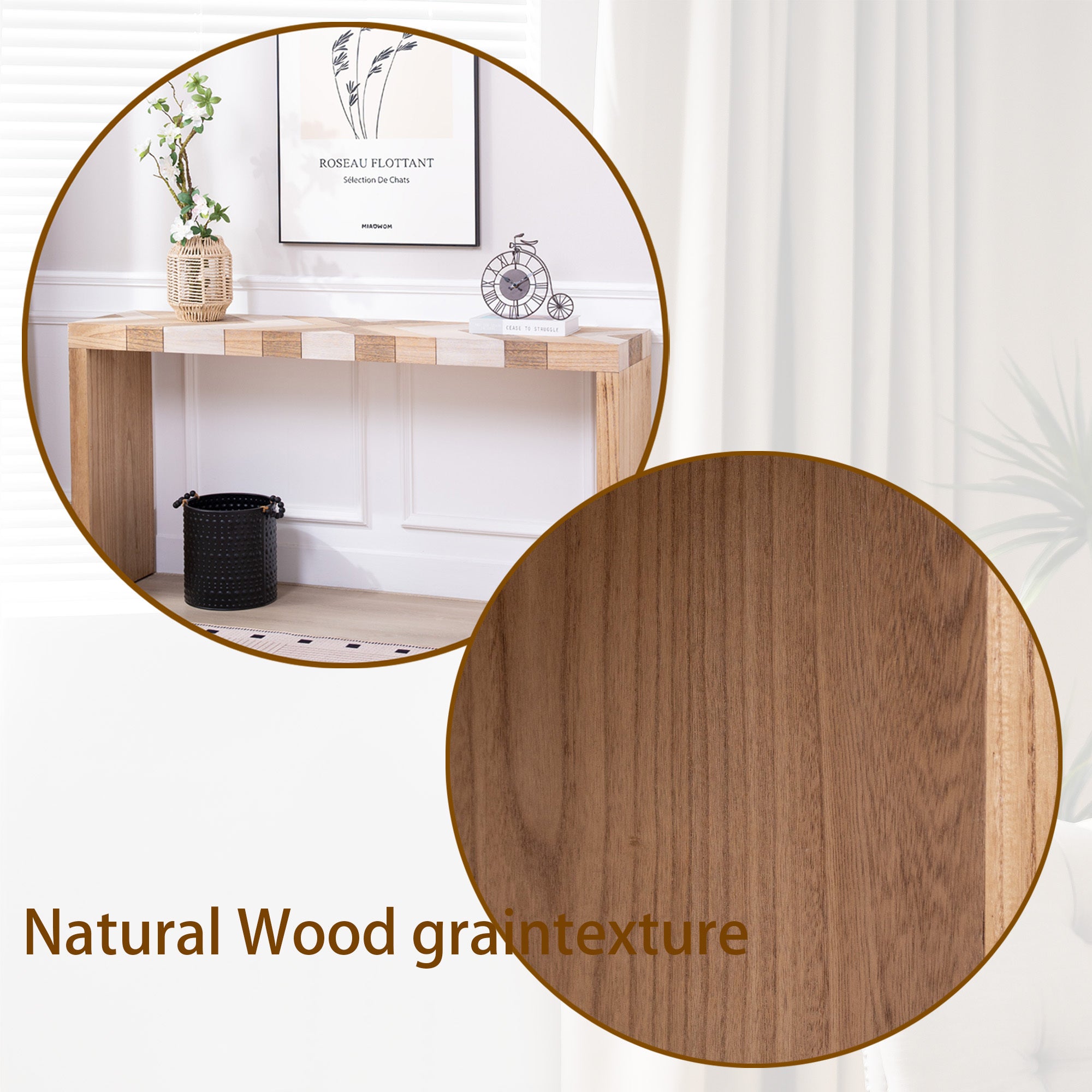 Natural wood grain texture featured on modern console table with chevron pattern, enhancing rustic and modern decor styles.