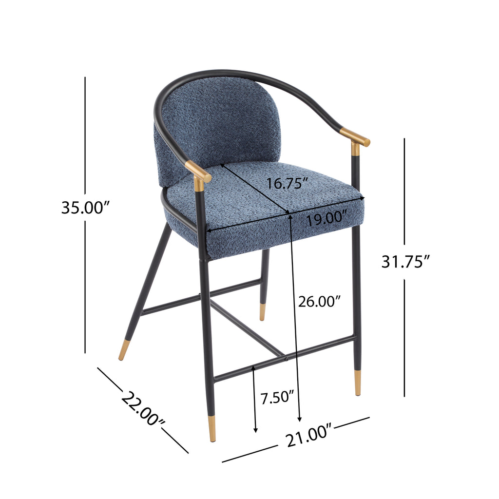 Dimension diagram of upholstered counter stool with 26-inch seat height, 35-inch overall height, and detailed seat width and depth.